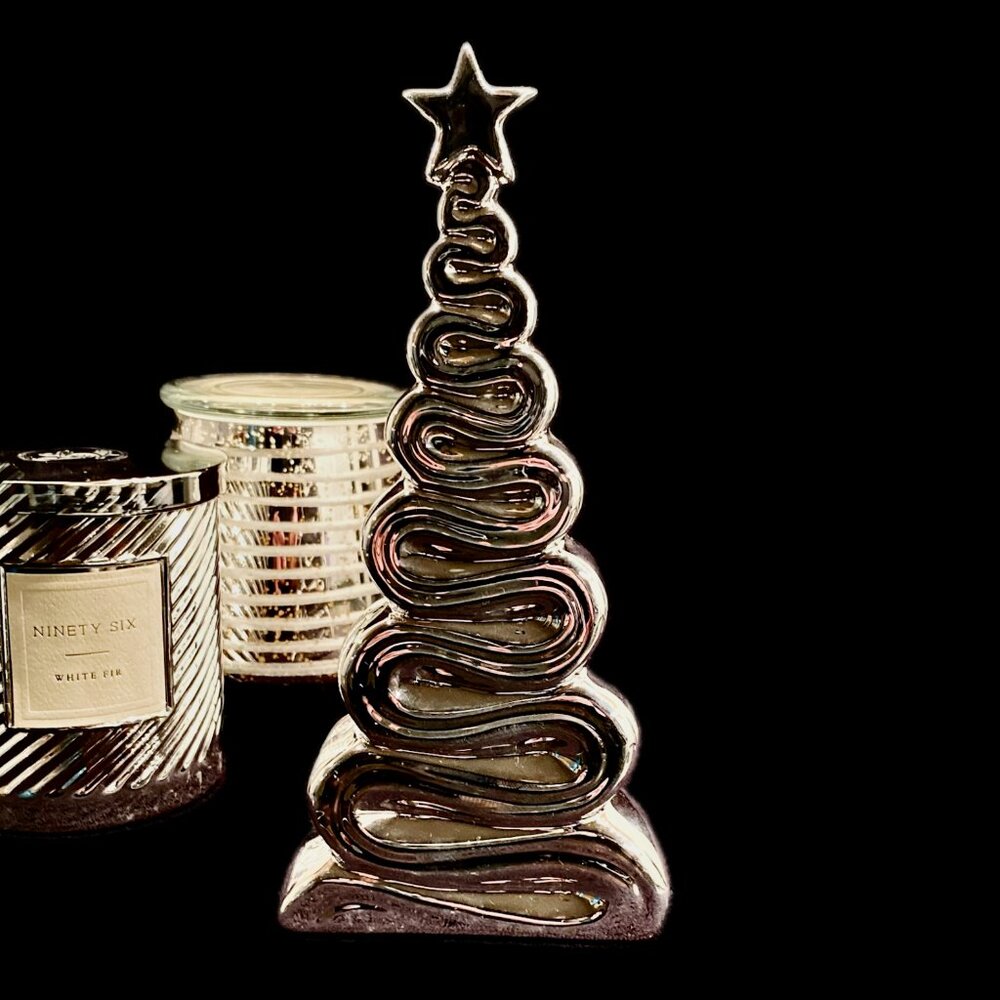 Tabletop Decor Metallic Silver Jar Candle & Ceramic Christmas Tree NWT